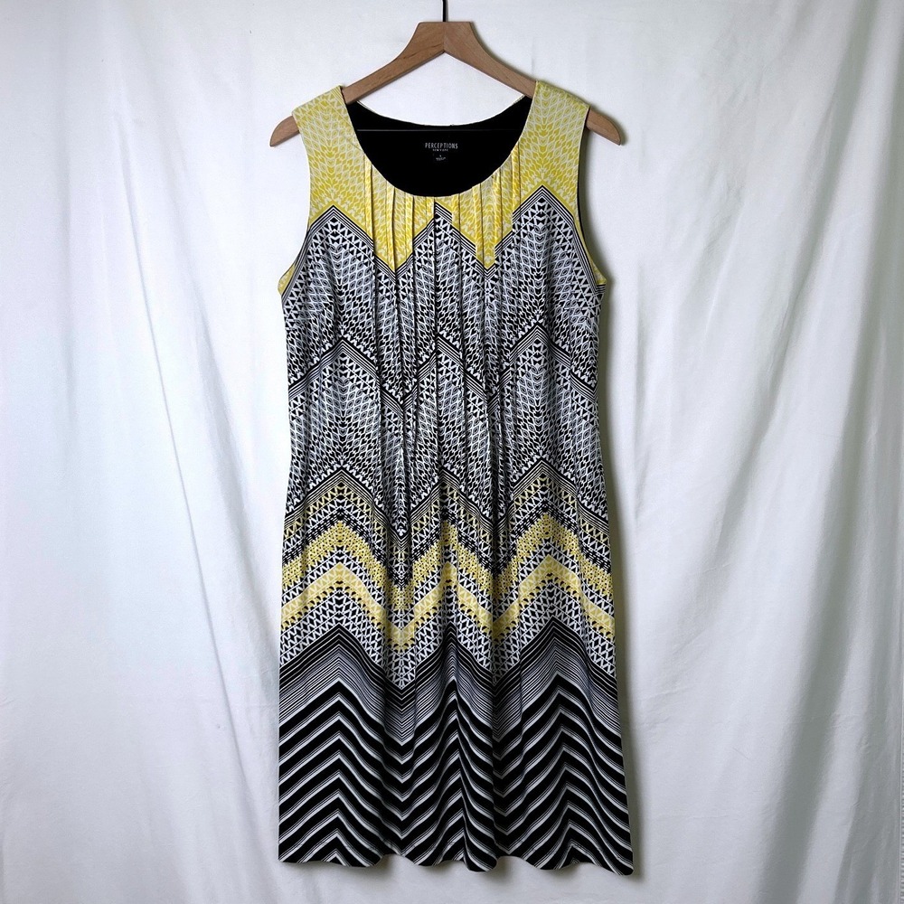 Perceptions Womens Knee Length Dress Size L Yellow Black White Mod Retro Bold